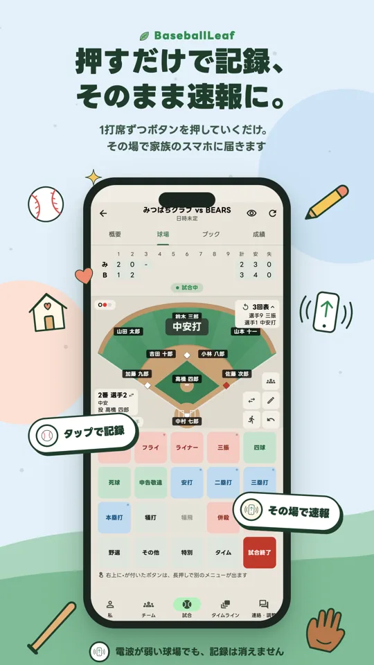 押すだけで記録、そのまま速報に。